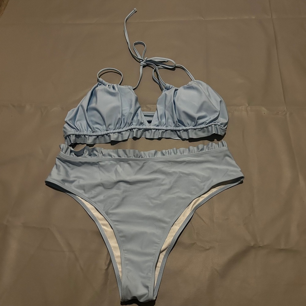 Lightβ Blue Ruffle Trim High Waisted Bikini Set Plus Size 3XL Halter Two Piece